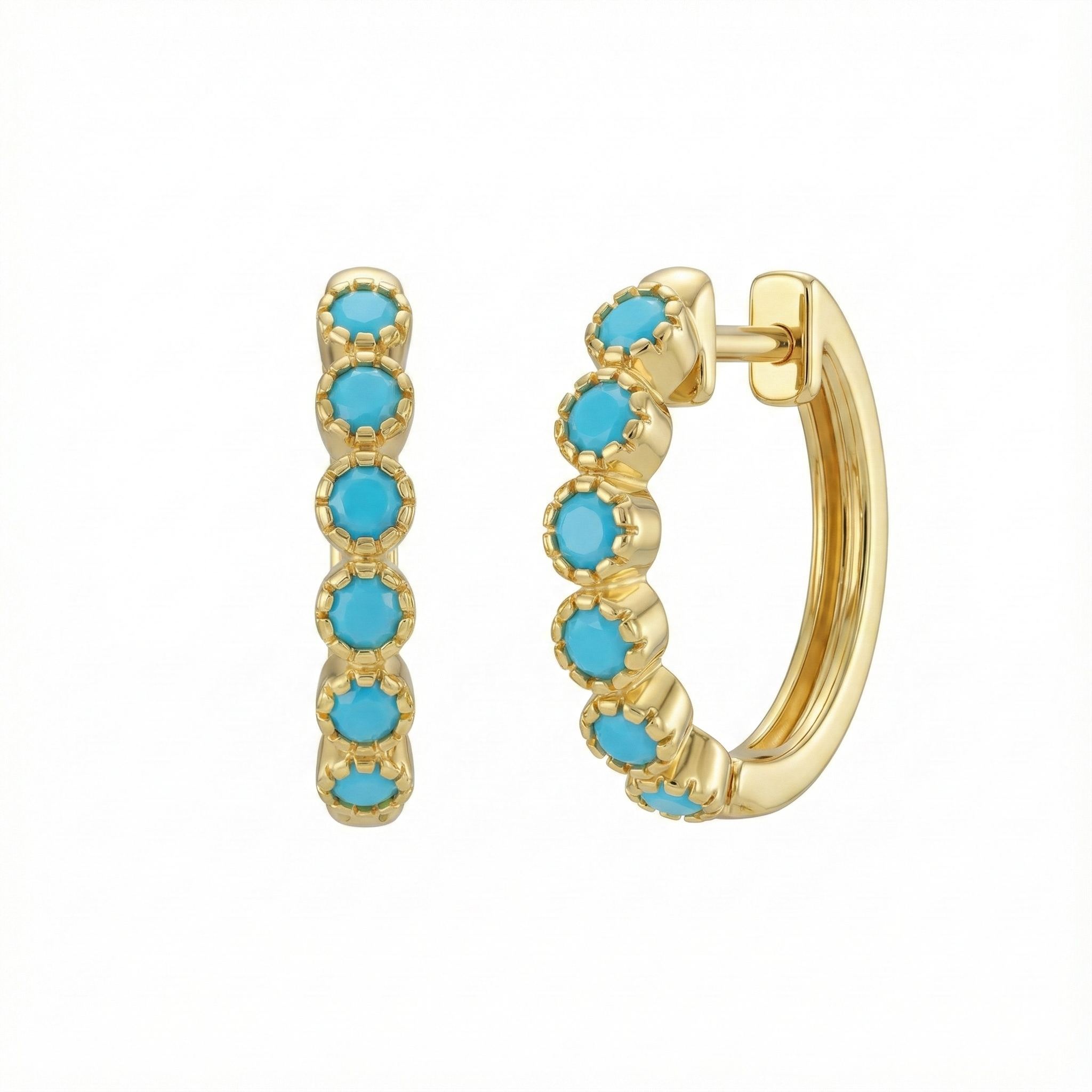 Créoles dorées or 18k serties de pierres turquoise rondes, bijou solaire et estival au design élégant